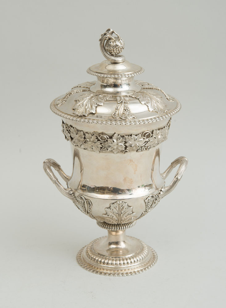 Appraisal: REGENCY ARMORIAL SILVER CAMPANI-FORMED URN AND COVER WB in script