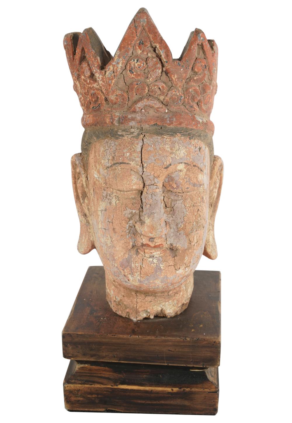 Appraisal: CHINESE PAINTED WOOD HEAD OF BUDDHAmounted to base Provenance Estate