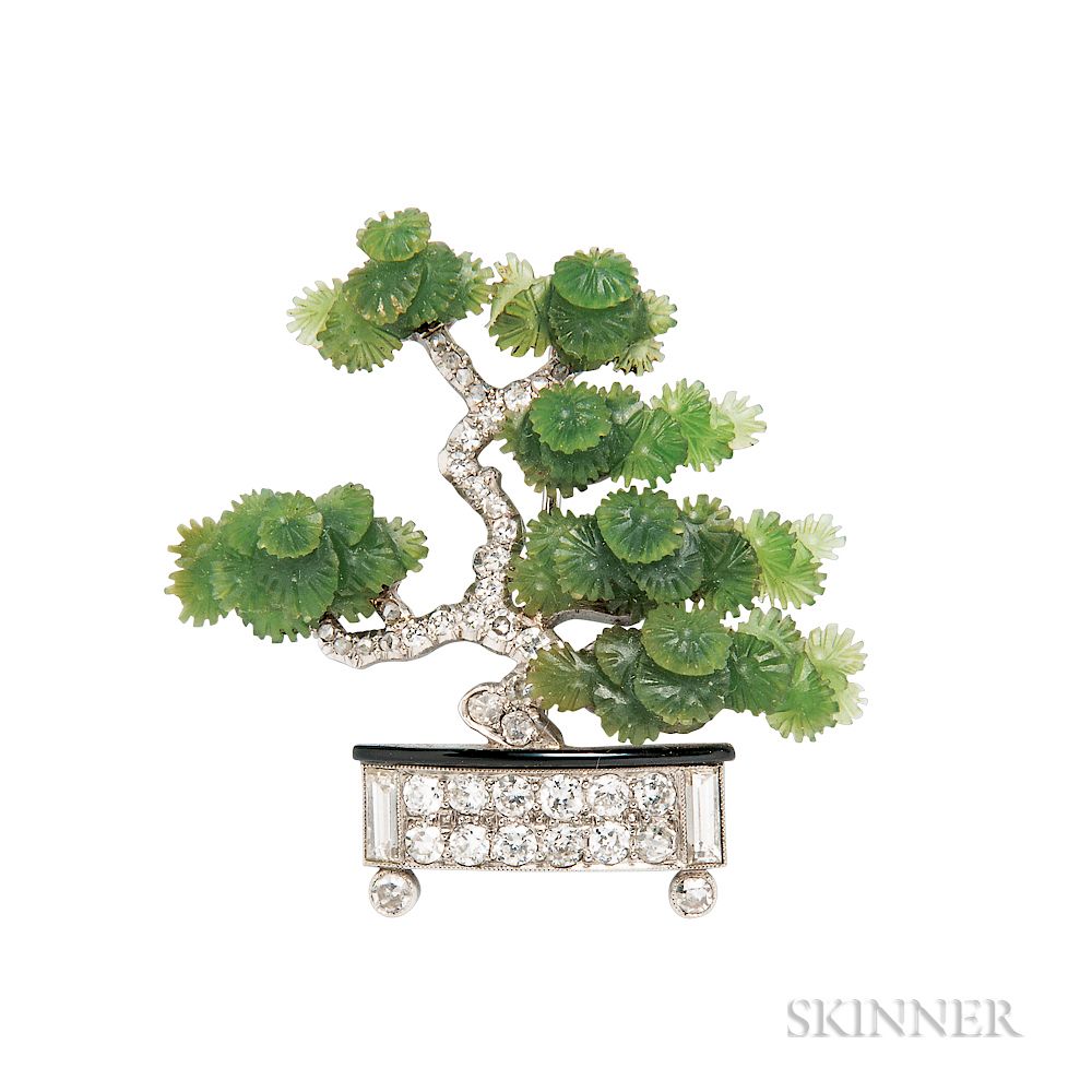 Appraisal: Art Deco Platinum Hardstone and Diamond Bonsai Tree Brooch Ernst