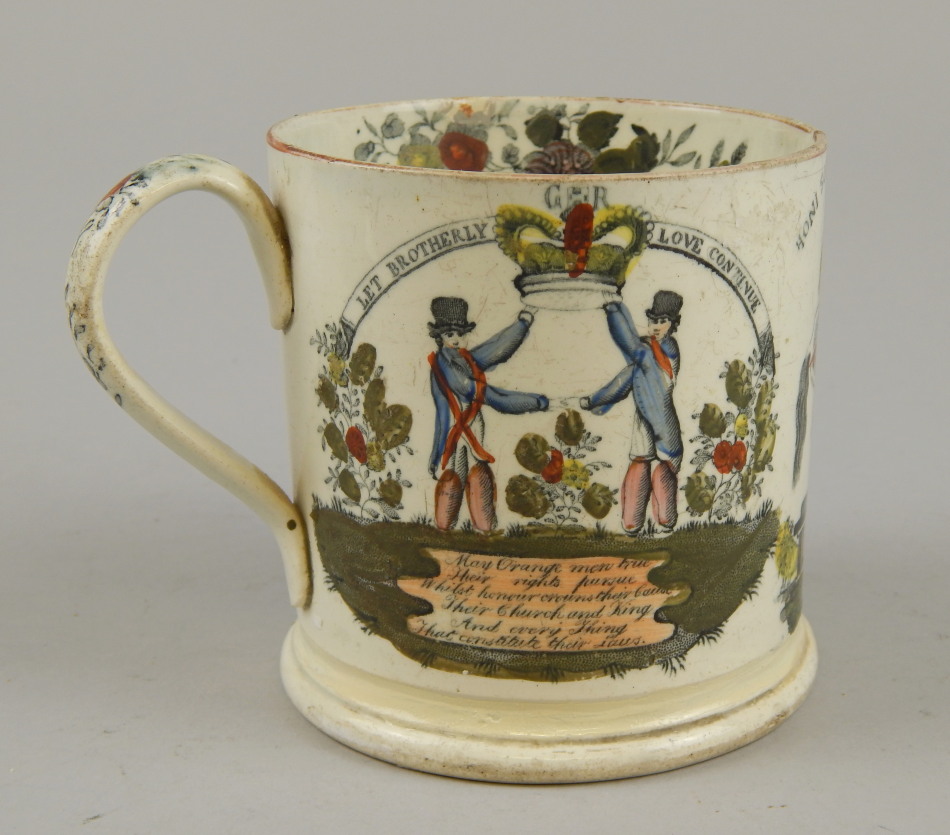 Appraisal: An thC pearlware Orange Order commemorative mug polychrome decorated with