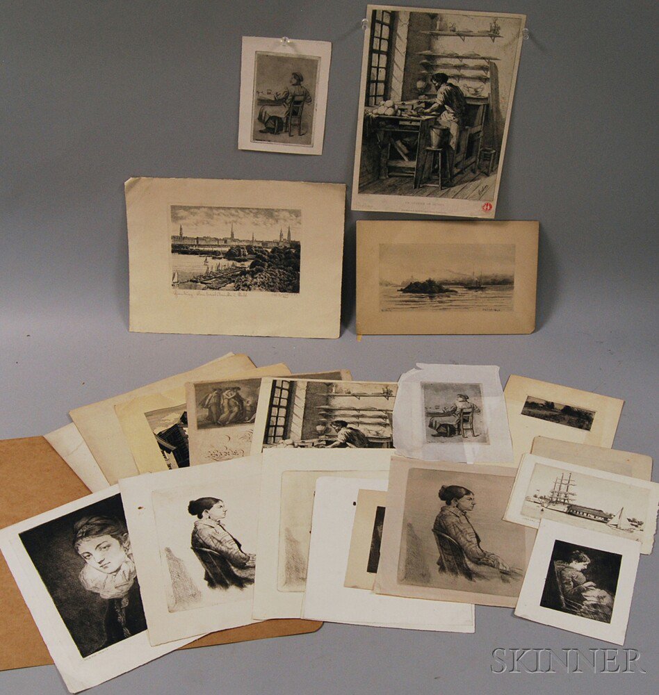 Appraisal: Large Group of Unframed Works on Paper including a harbor