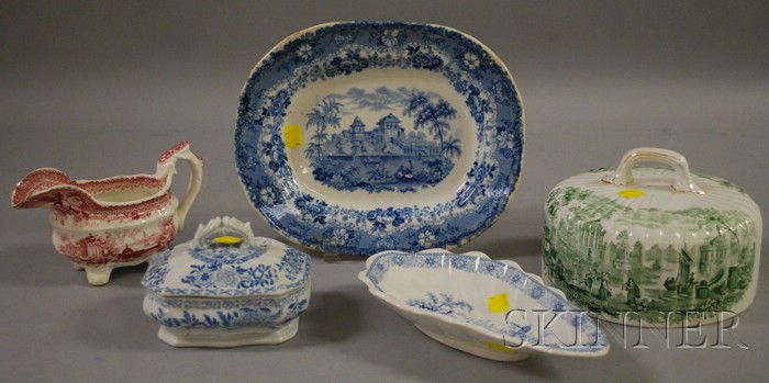 Appraisal: Five English Transfer Decorated Staffordshire Items a shaped dish cheese