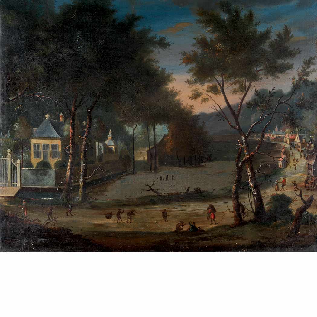 Appraisal: European School th th Century Landscape with Figures Outside a