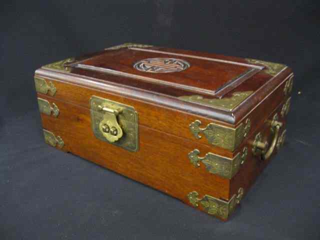 Appraisal: Chinese Carved Rosewood Jewelry Box brass trim silk lined ''