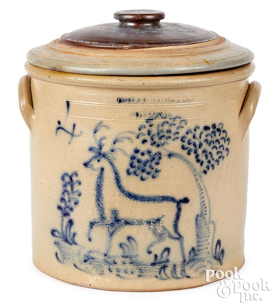 Appraisal: NY stoneware crock Harrington Lyons stag New York four-gallon stoneware