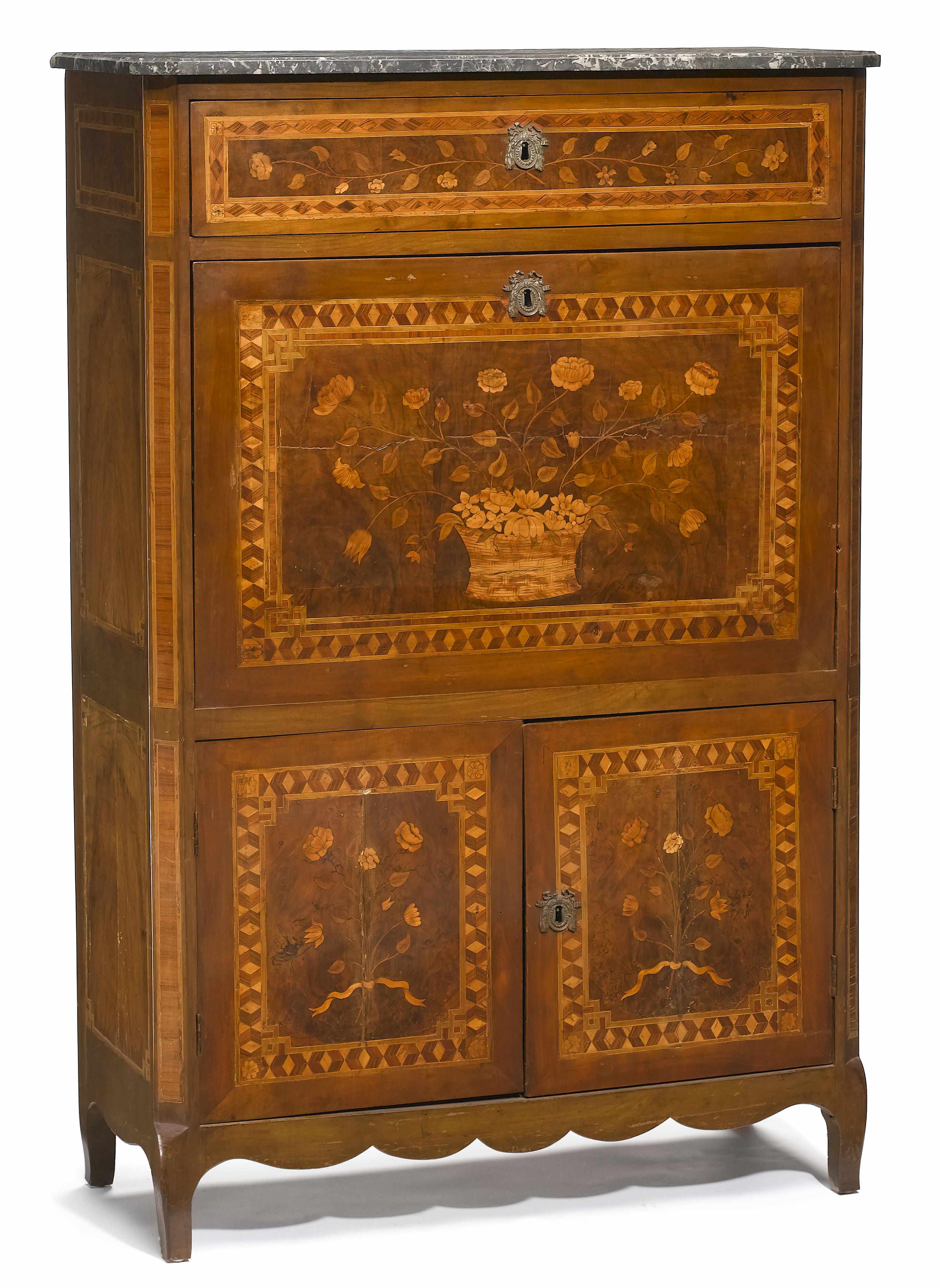 Appraisal: A Louis XVI marquetry inlaid walnut secrtaire abbatant late th