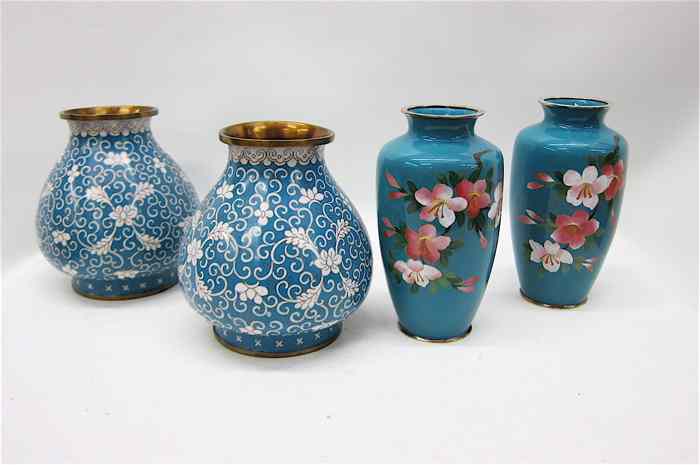 Appraisal: TWO PAIRS CLOISONNE VASES pieces One pair Japanese floral decoration