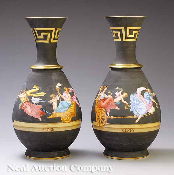 Appraisal: A Pair of Antique Paris Porcelain Black Ground Grecian-Style Vases