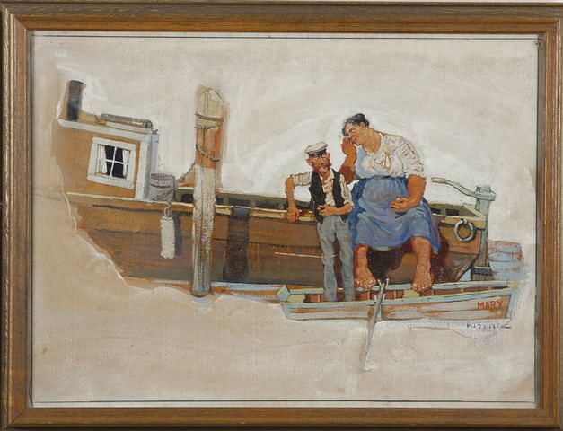 Appraisal: Scene with sailor and woman oil on board x sight