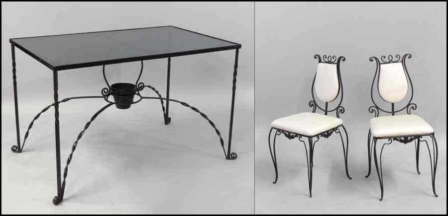 Appraisal: PAINTED WROUGHT IRON TABLE AND FOUR CHAIRS Table '' x