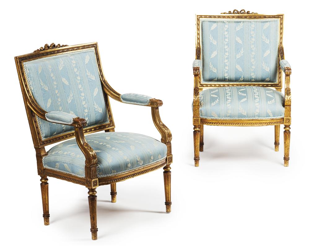 Appraisal: PAIR OF LOUIS XVI STYLE GILTWOOD FAUTEUILS TH CENTURY with