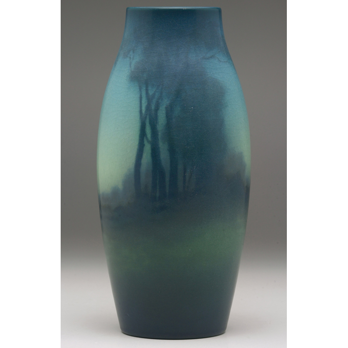 Appraisal: Rookwood vase scenic Vellum with dark blue trees against a