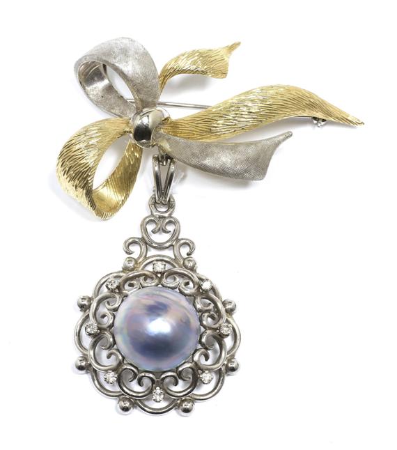 Appraisal: A GOLD PEARL AND DIAMOND BROOCH circa Yellow and white