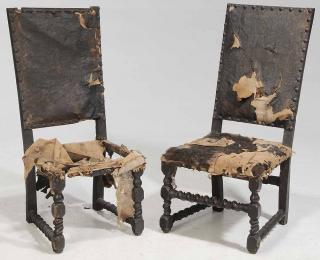 Appraisal: Pair of Jacobean Style Side Chairs leather covered side chairs