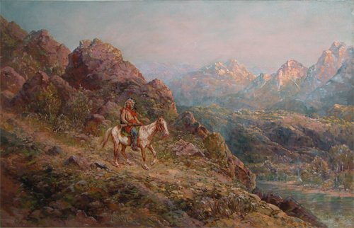 Appraisal: A Plains Indian Chief astride his horse in a mountainous