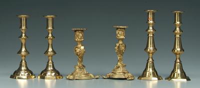 Appraisal: Three pairs brass candlesticks one pair push-ups with square canted