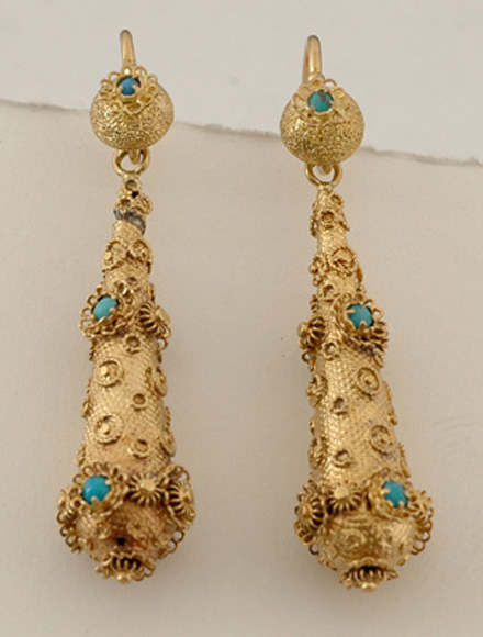 Appraisal: A pair of Antique cannetille and turquoise earrings The elongated