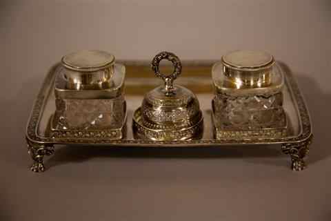 Appraisal: RUSSIAN SILVER AND GLASS ASSEMBLED INKSTAND with marks for to