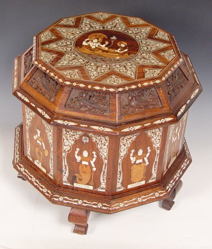 Appraisal: SIDED PERSIAN INDIAN INLAID AND CARVED DOUBLE LIFT TOP STAND