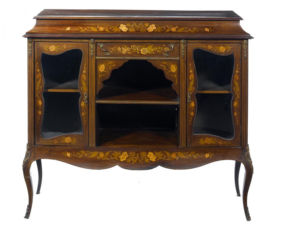 Appraisal: AN EDWARD VII MAHOGANY AND MARQUETRY CABINET the cavetto top