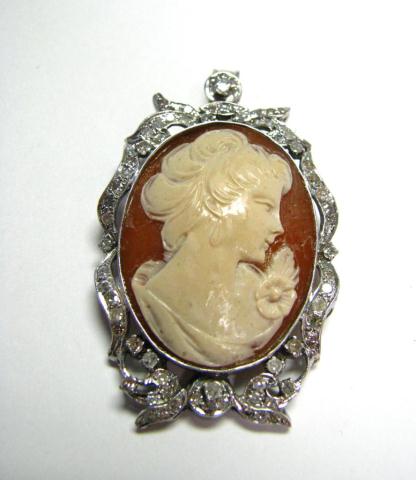 Appraisal: K white gold cameo pin pendant with diamonds