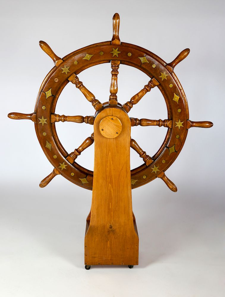 Appraisal: Brass Stars Diamonds and Dots Inlaid Mahogany Yacht Wheel on