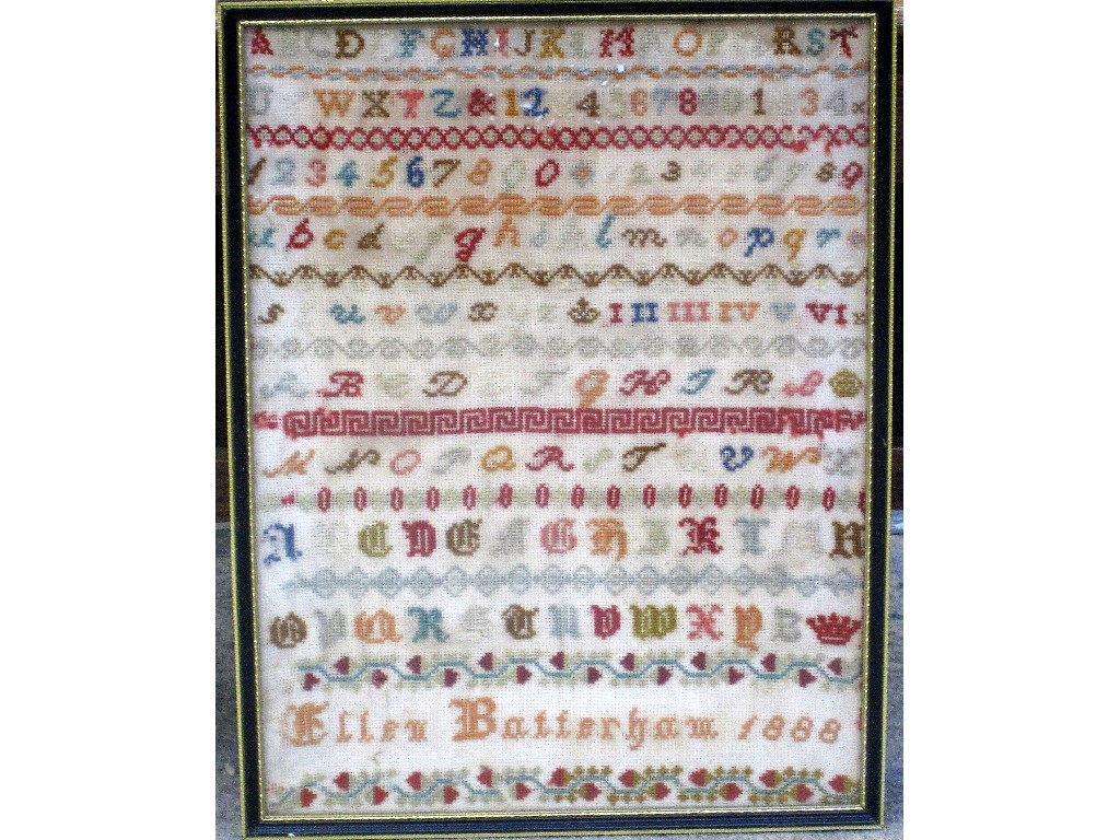 Appraisal: Framed Victorian needlework sampler sewn with coloured wool and worked