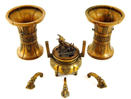 Appraisal: ASIAN c Japanese Buddhist brass temple accessories three pieces pair