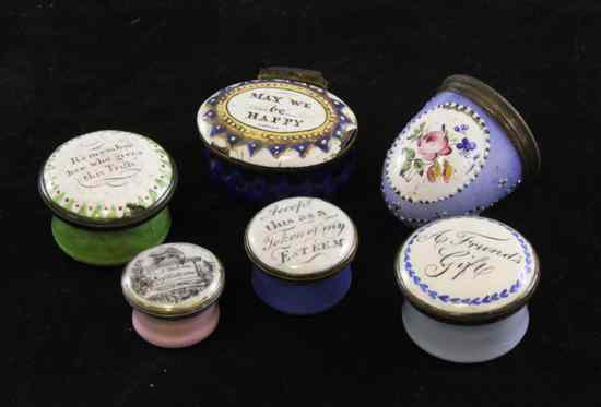 Appraisal: Five th century South Staffordshire enamel love friendship pill boxes