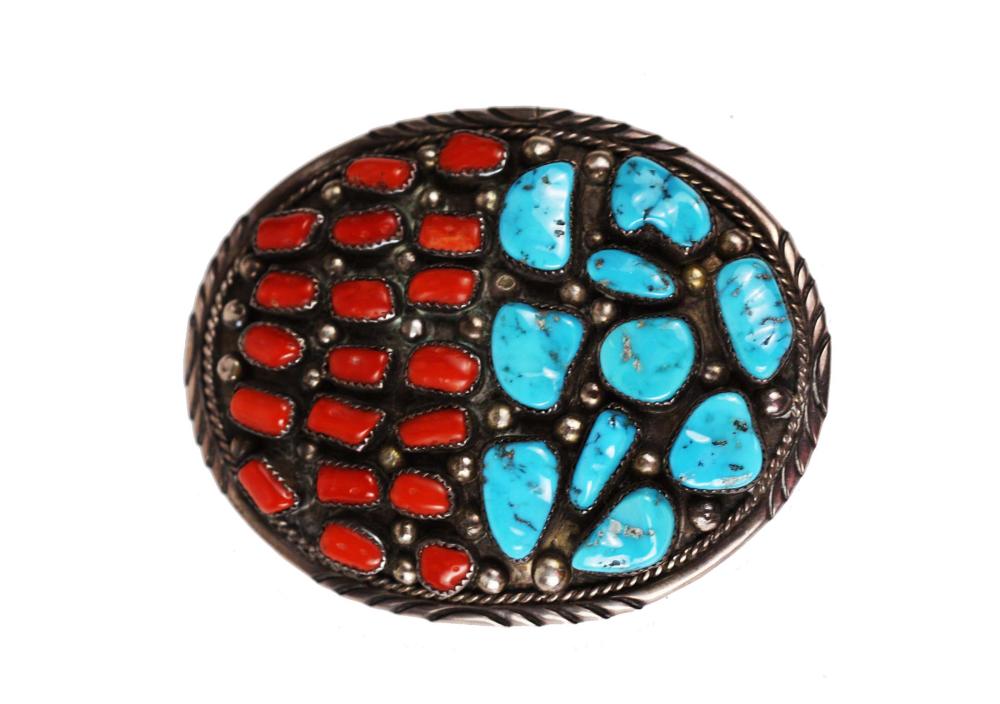 Appraisal: NATIVE AMERICAN TURQUOISE CORAL MOUNTED SILVER BELT BUCKLEUnmarked however inscribed