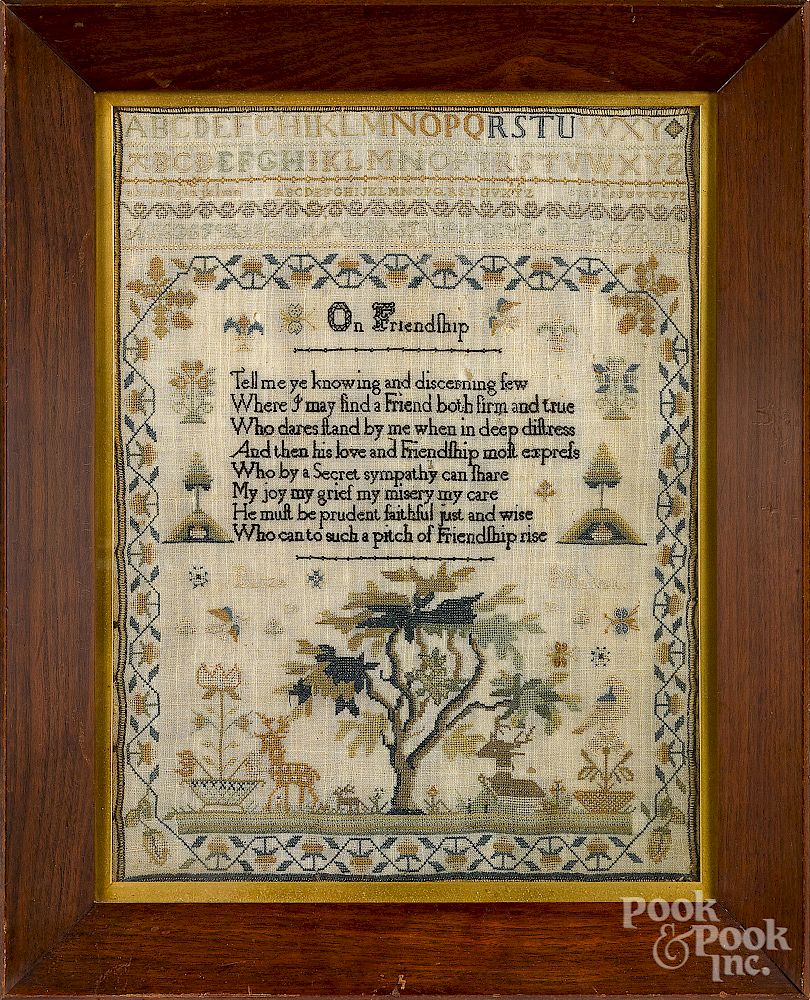 Appraisal: English silk on linen sampler Exclusive on Bidsquare English silk