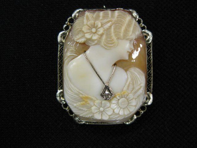 Appraisal: k Gold Diamond Cameo Brooch with pendant loop carved shell