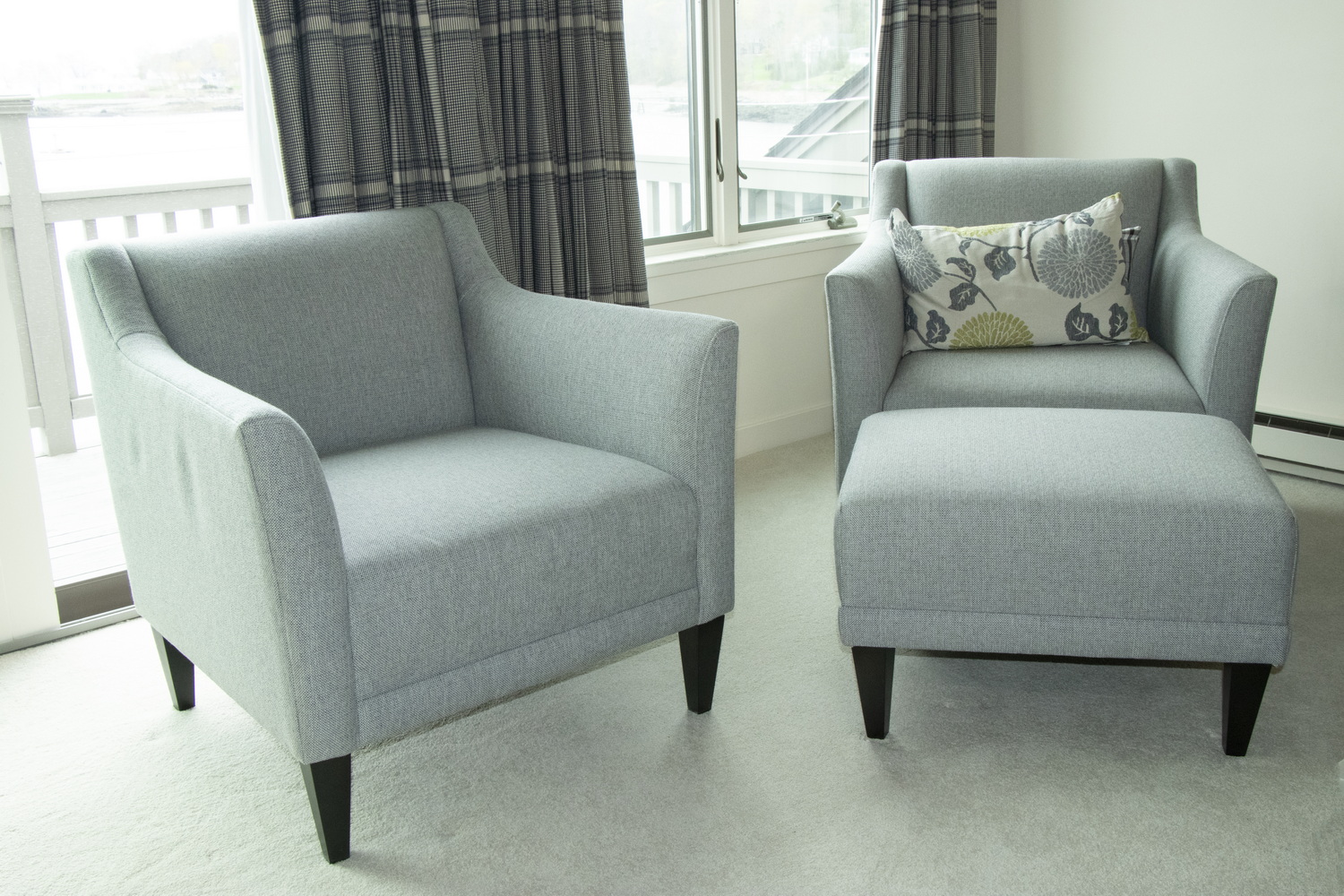 Appraisal: PR OF GRAY MARGOT UPHOLSTERED ARMCHAIRS W OTTOMAN Pair of