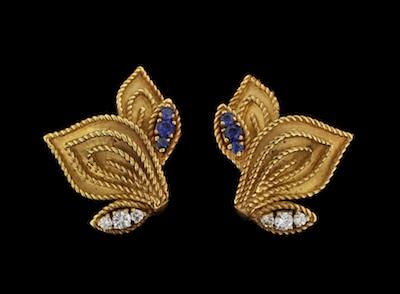 Appraisal: A Pair of Sapphire and Diamond Leaf Shape Earclips Matching