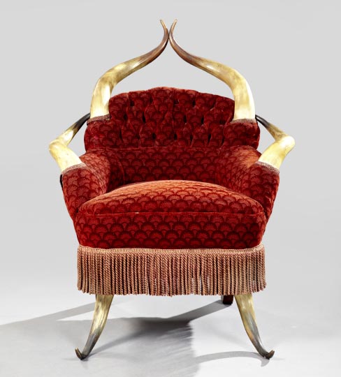 Appraisal: Good Texas Longhorn Upholstered Armchair early th century the tufted