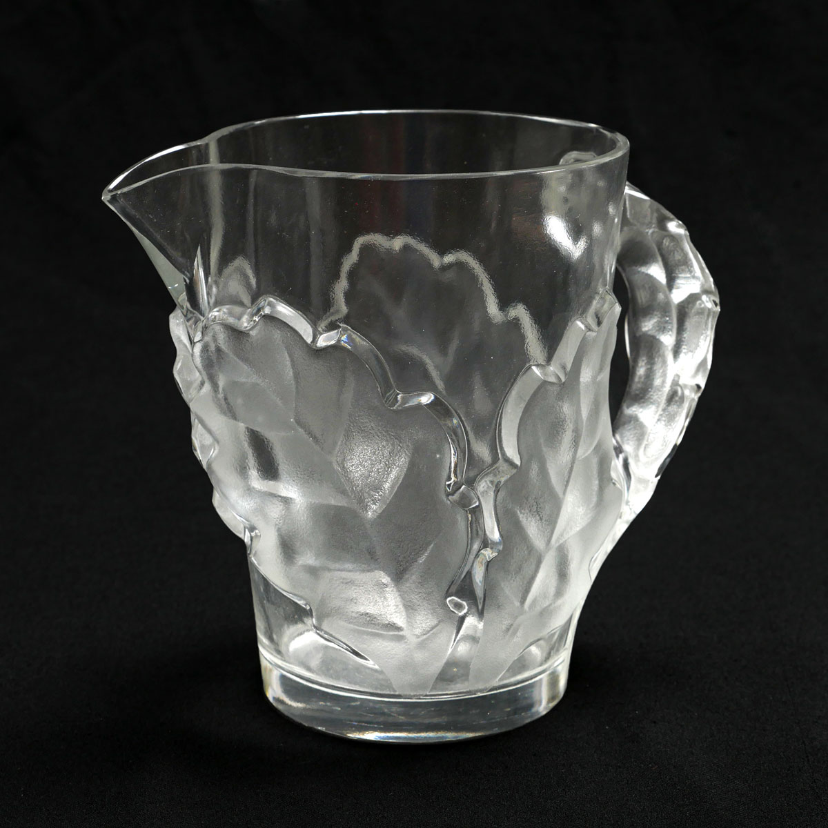 Appraisal: LALIQUE ''CHENE'' GLASS PITCHER Lalique glass ''Chene'' oak leaf frosted