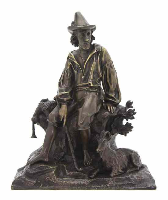 Appraisal: A Patinated Bronze Figural Group depicting a seated shepherd holding