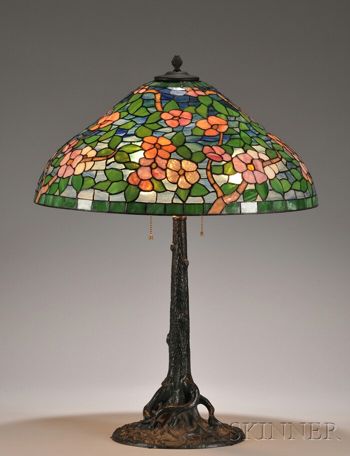 Appraisal: Mosaic Glass and Tree Trunk-form Table Lamp Art glass and