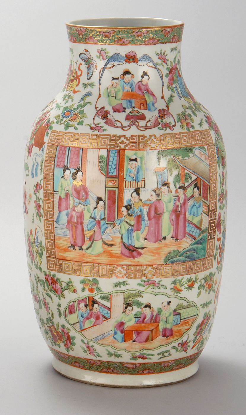 Appraisal: CHINESE EXPORT FAMILLE ROSE PORCELAIN VASE th CenturyWith pinched neck