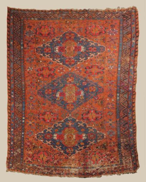 Appraisal: Antique Persian Soumack Rug Description Three indigo medallions on a