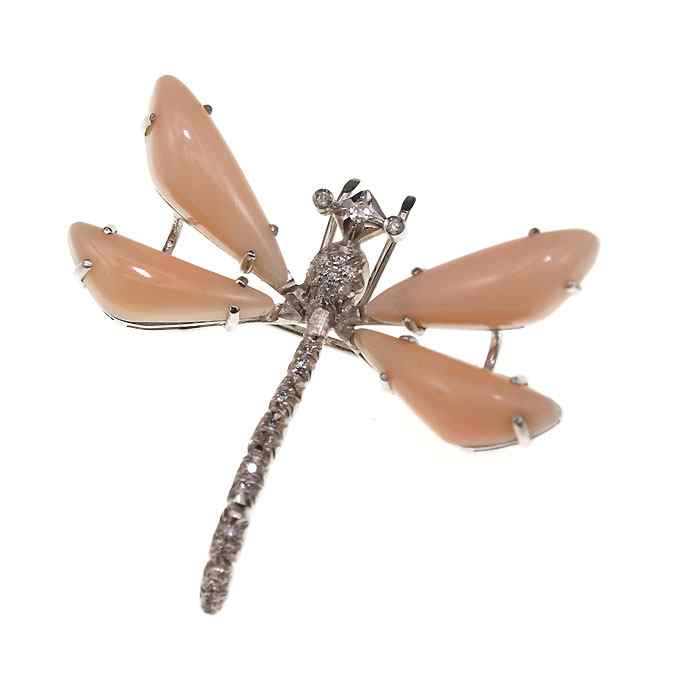 Appraisal: K CORAL DIAMOND DRAGONFLY BROOCH K white gold brooch with