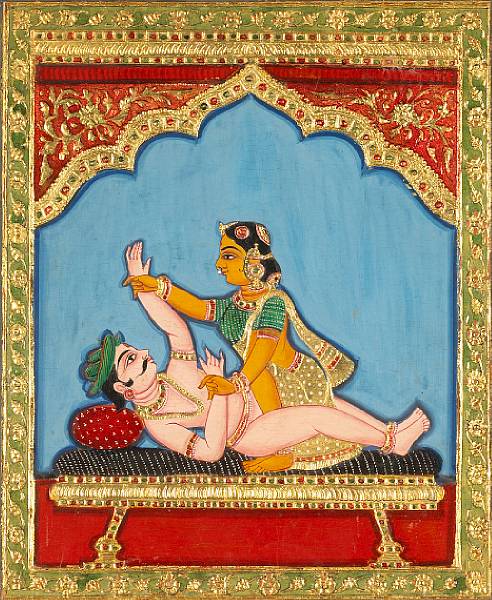 Appraisal: Two gilt-embellished erotic miniature paintings South India Tanjore Late th