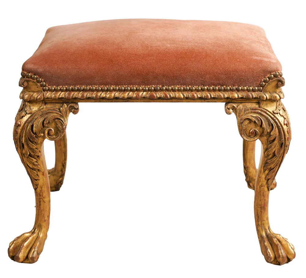 Appraisal: GEORGIAN-STYLE CARVED GILTWOOD STOOLthe seat covered with suede on cabriole