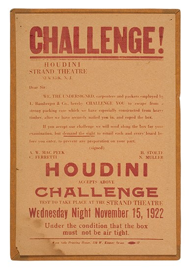 Appraisal: HOUDINI HARRY Letterpress challenge offered by the carpenters employed by