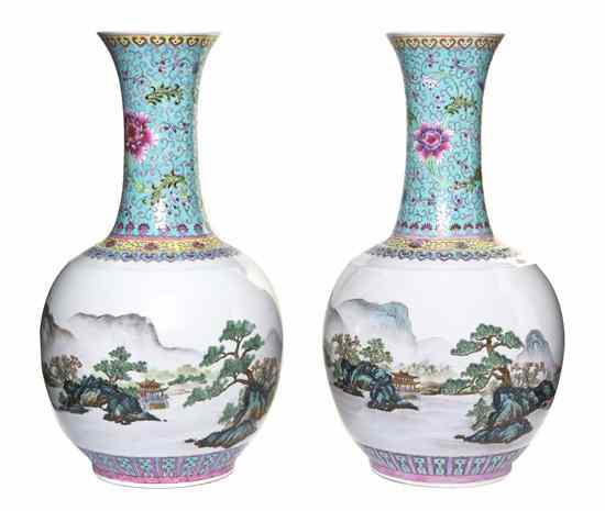 Appraisal: A Pair of Famille Rose Bottle Vases Republic period or