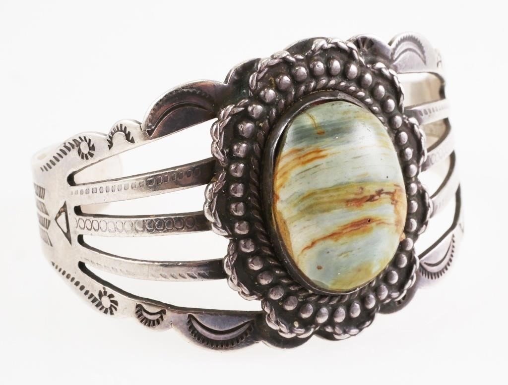 Appraisal: VINTAGE NAVAJO STERLING TURQUOISE CUFF BRACELETSigned Native American sterling silver