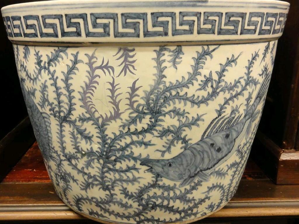 Appraisal: A Chinese blue and white fish bowl with hand painted