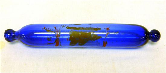 Appraisal: Cobalt blue blown glass rolling pin with ship decoration ''