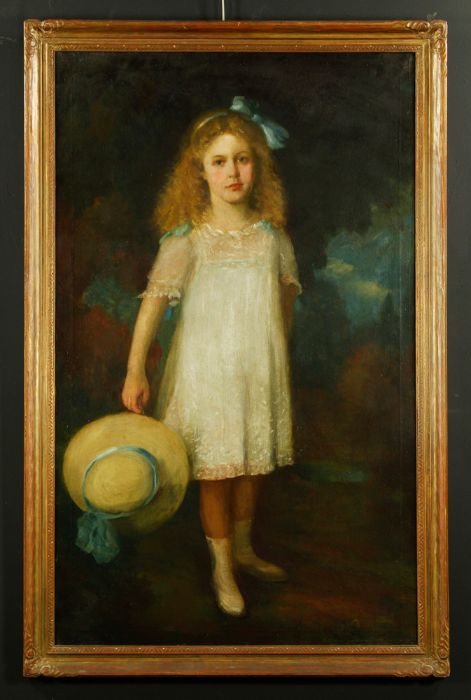 Appraisal: - Girl with Blue Ribbon O C Folk art portrait