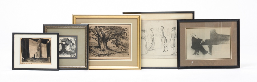 Appraisal: THREE PRINTS AND TWO PEN INK DRAWINGS Nineteenth and th